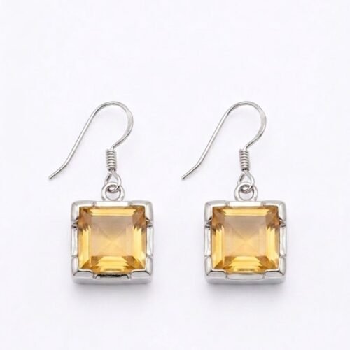 Square Cut Citrine Drop Silver Earrings