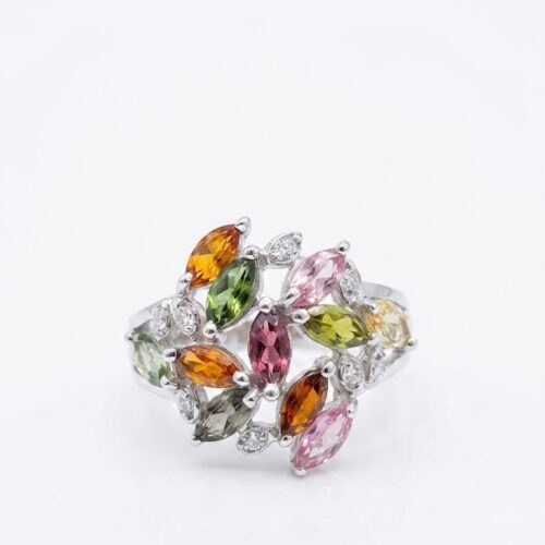 Multi Tourmaline Marquise Cluster Silver Ring