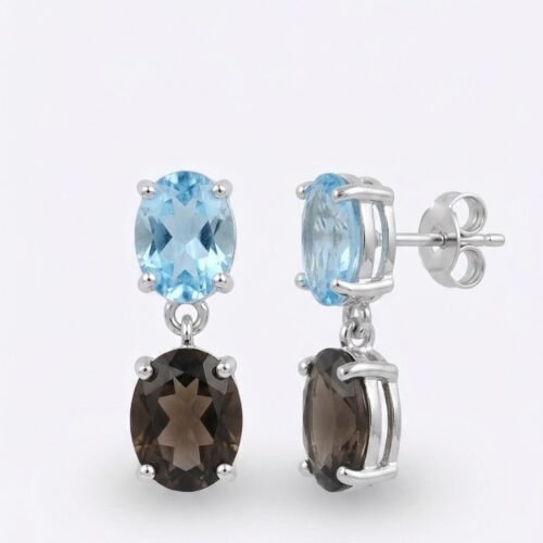 Oval Blue Smoky Topaz Drop Silver Earrings