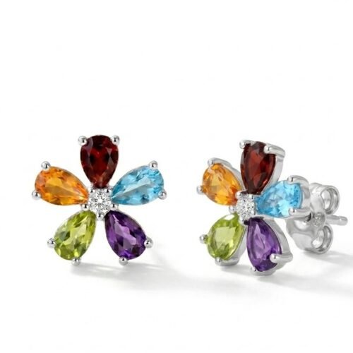 Sterling Silver Multi Gemstone Floral Stud Earrings