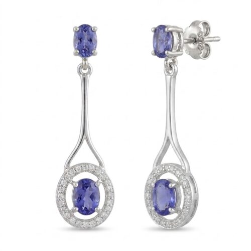 Oval Tanzanite Drop Halo Silver Earrings