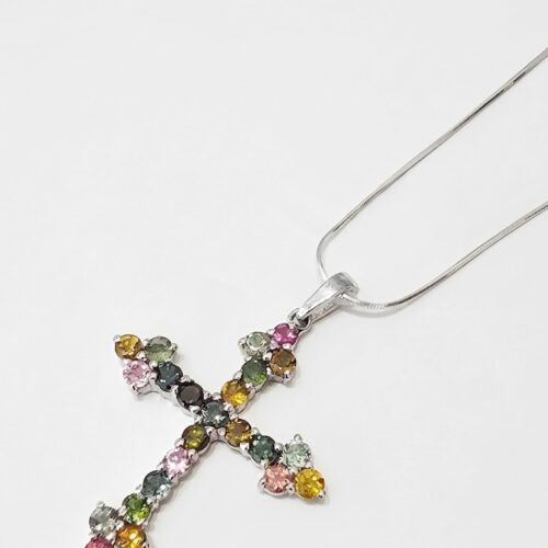 Multi Tourmaline Cross Pendant Necklace