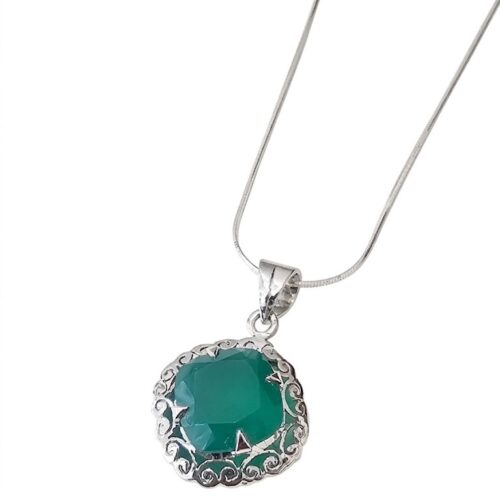 Cushion Cut Green Onyx Silver Pendant