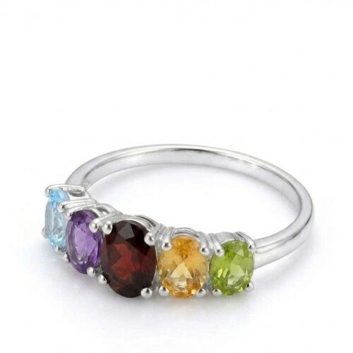 Oval Multi Gemstone Sterling Silver Ring