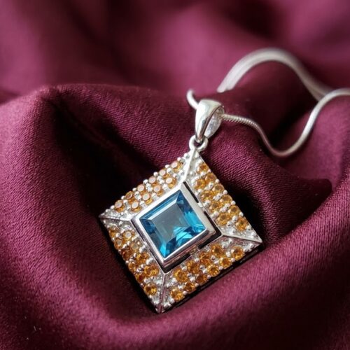 Sterling Silver Blue Golden Topaz Square Pendant Necklace