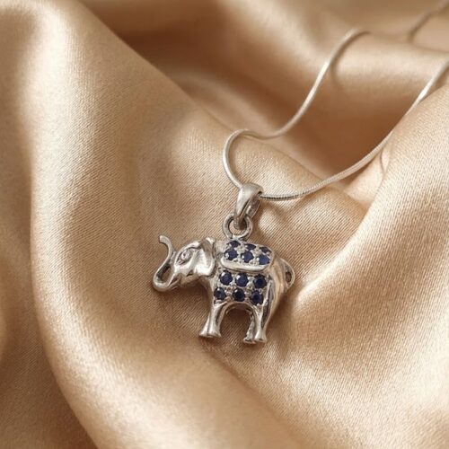 Sterling Silver Elephant Pendant Necklace with Blue Sapphires