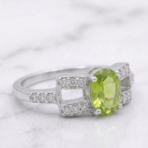 Oval Peridot Zircon Halo Silver Ring