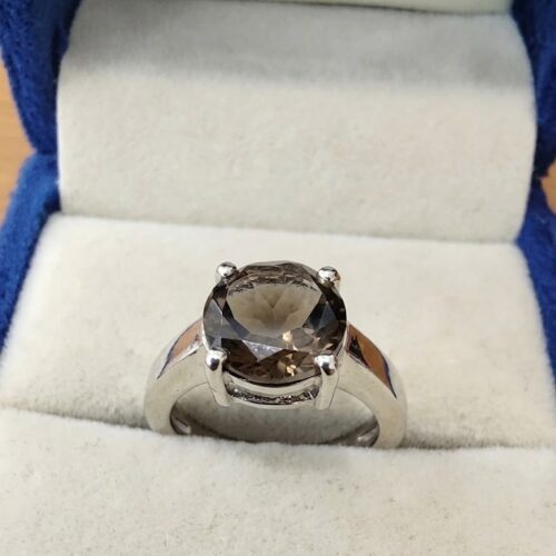 Round Smoky Topaz Solitaire Silver Ring
