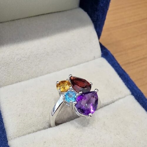 Sterling Silver Amethyst Garnet Topaz Cluster Ring