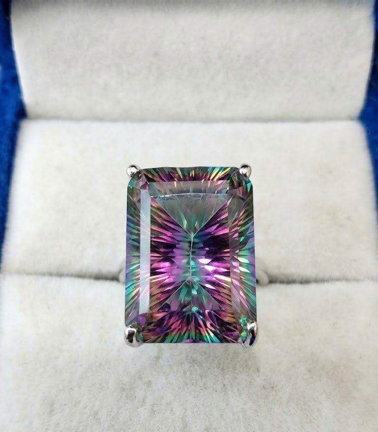 Emerald Cut Mystic Topaz Sterling Silver Statement Ring
