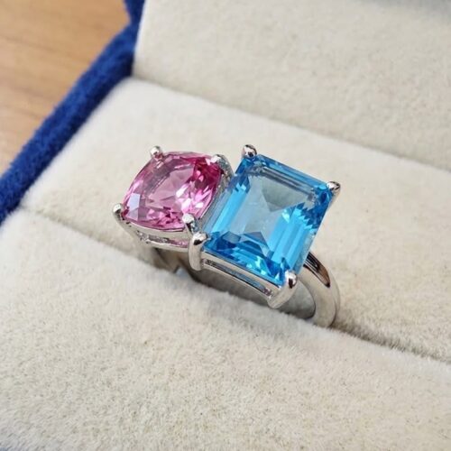 Pink Blue Topaz Toi et Moi Silver Ring
