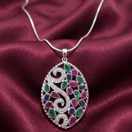 Sterling Silver Oval Multi Stone Pendant Necklace