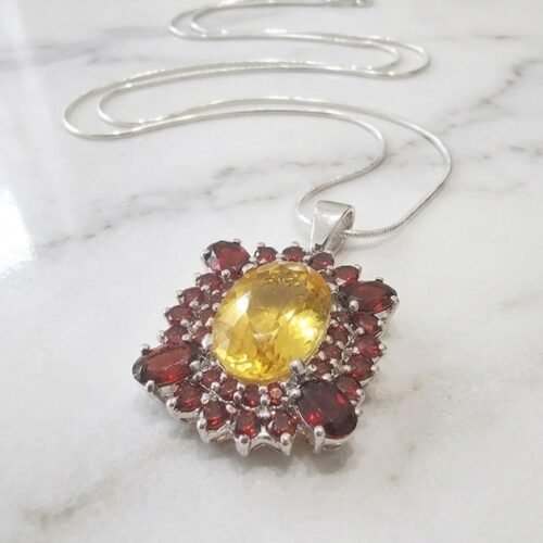 Oval Citrine Garnet Sterling Silver Pendant Necklace
