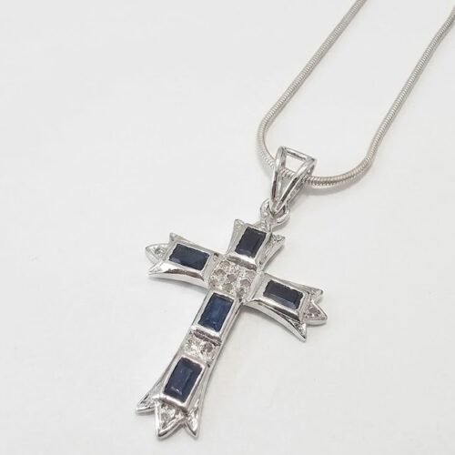 Sterling Silver Cross Blue Sapphire Pendant