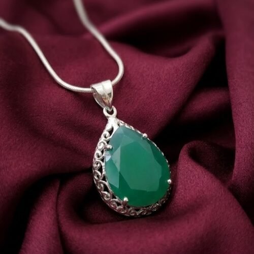 Pear Cut Green Onyx Silver Pendant