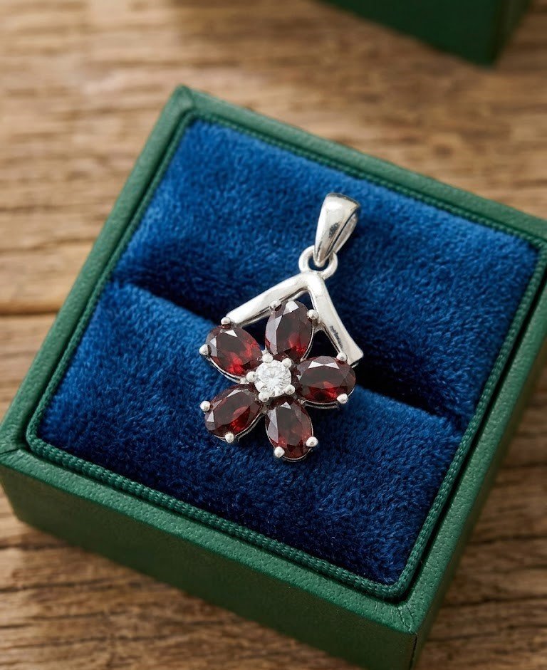 Natural Red Garnet Flower Silver Pendant - Image 3