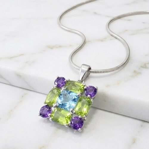 Sterling Silver Multi Gemstone Pendant Necklace