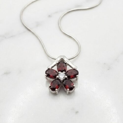 Natural Red Garnet Flower Silver Pendant