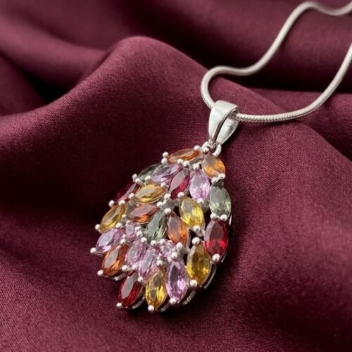 Natural Multi Sapphire Marquise Cluster Silver Pendant