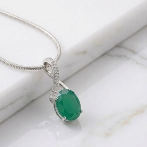 Oval Green Onyx Silver Pendant Necklace