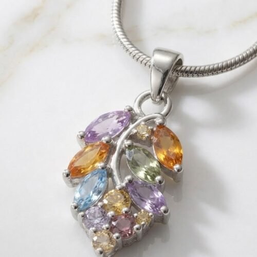 Sterling Silver Multi-Sapphire Leaf Pendant Necklace